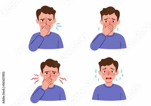 Illustrations depicting a man experiencing common health problems: halitosis, watery eyes, oral pain, and fever/sweating.