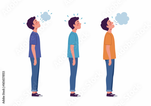 Young men demonstrating deep breathing for stress relief, relaxation, and managing anxiety or discomfort.