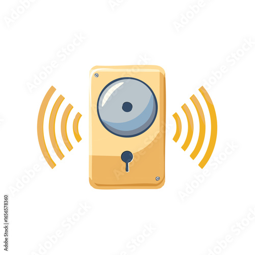 School bell ringing vector illustration. Retro cartoon buzzer alarm with sound waves. Alert, attention, information.