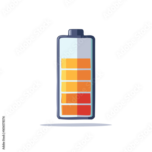 Stylized Battery Icon Showing Low Energy with Orange and Red Levels on White