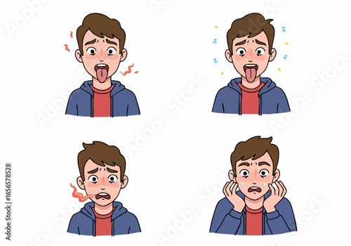 Set of Illustrations Depicting a Man's Intense Reactions to Spicy Food, Heat, or Unpleasant Taste
