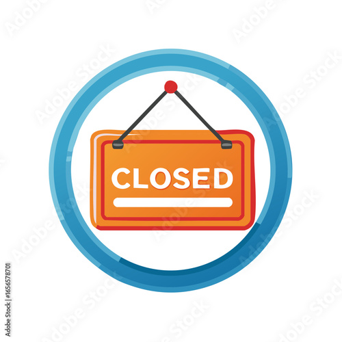Bright Orange Storefront Closed Sign Hanging in a Blue Circle