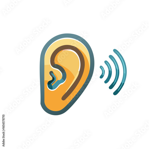 Cartoon Human Ear Depicts Sensing Sound or Hearing with Graphic Waves