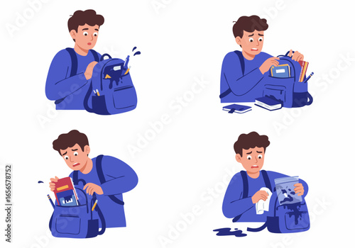 Student's Backpack Disaster: Ink Spill on School Books and Supplies Leading to Shock, Frustration, and Cleanup Attempt.