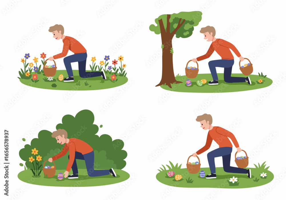 Naklejka premium Man Enjoying Easter Egg Hunt with Basket, Collecting Colorful Eggs Outdoors