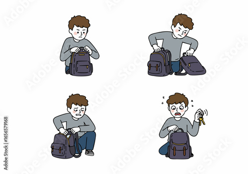 Man searching backpack for lost keys, expressing frustration and surprise upon finding them in this sequential illustration.