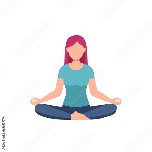 Woman in Lotus Position Meditating: Cartoon-Style Figure with Pink Hair in Blue Outfit