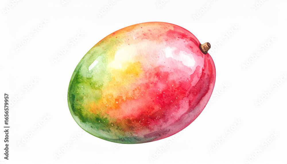 Obraz premium 水彩画のマンゴー – 柔らかな自然色で描かれた南国フルーツイラスト Watercolor Illustration of Mango – Soft Natural Colors Tropical Fruit