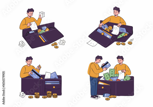 Illustration of a man managing his finances, dealing with cash, credit cards, and receipts within a large wallet, depicting budgeting and wealth.