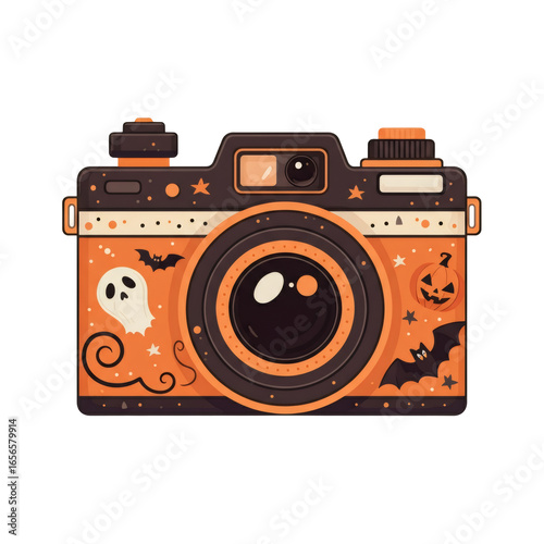 Halloween Themed Camera Cartoon Illustration with Orange and Black Color Scheme Featuring Ghost Bat and Pumpkin Isolated on Transparent Background