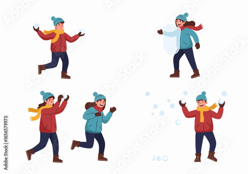 Joyful children and young adults playing a lively snowball fight in winter, enjoying outdoor fun and snow activities.