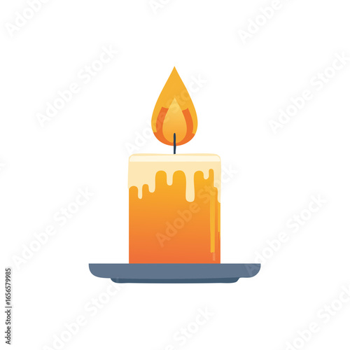 Illuminated Wax Candle with Dripping Wax on Holder, Creating Ambiance and Warm Light