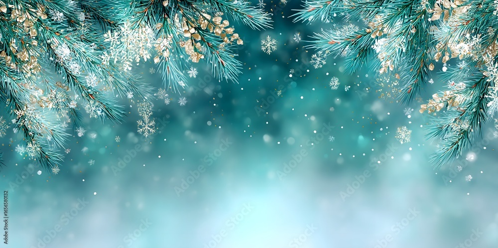 Fototapeta premium Elegant winter holiday background framed by frosted pine branches and pine cones with delicate white flowers, falling snowflakes, and a snowy foreground, providing ample copy space for text.