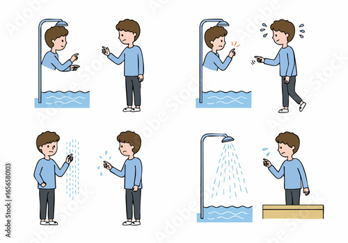 Illustrations Depicting Common Shower Problems, Water Temperature Issues, Low Pressure, and User Dissatisfaction with Bathroom Fixtures