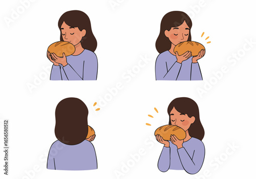Woman happily smelling fresh bread, enjoying the aroma of baking, illustration set.
