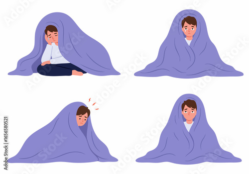 Unwell Young Person Wrapped in Blanket, Depicting Illness, Sadness, and Discomfort – Vector Illustration Set on White Background