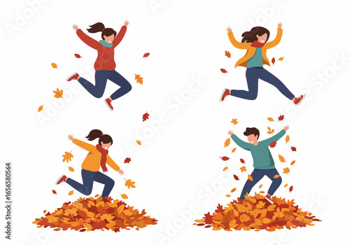 Joyful people jumping and playing amidst vibrant autumn leaves and piles, celebrating the spirit of fall with happiness and outdoor fun.