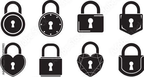 Assortment of eight black silhouette padlock icons in various shapes security safety