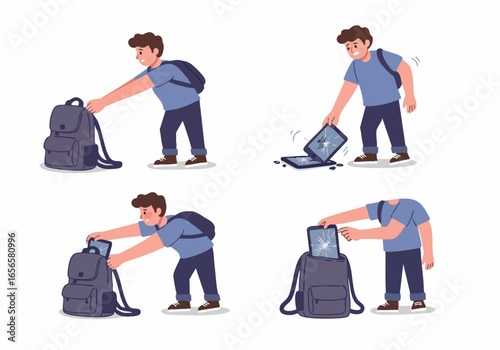 A boy's tablet is accidentally dropped and shattered, showing the fragility and common damage to electronic devices, then stored in a backpack.