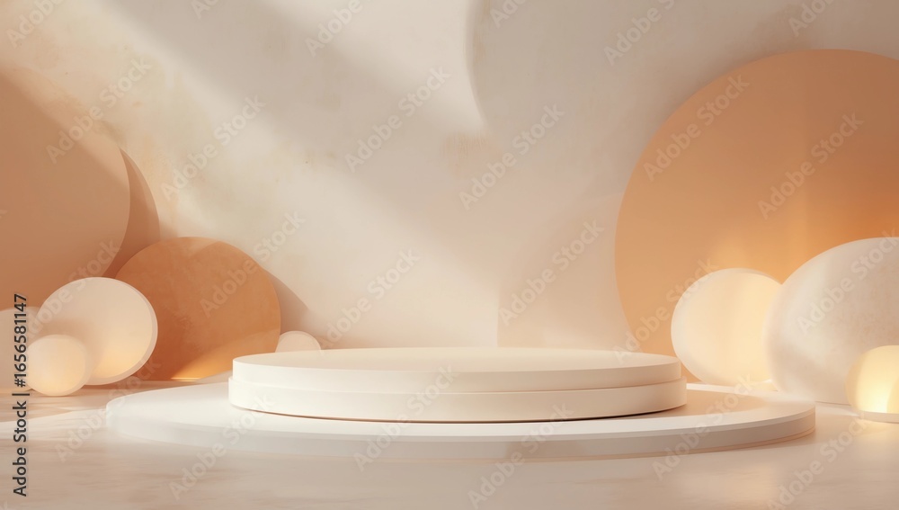 Fototapeta premium 3D rendering abstract pastel simple geometric shapes with minimal displays podium or pedestal for mock up and products presentation background.