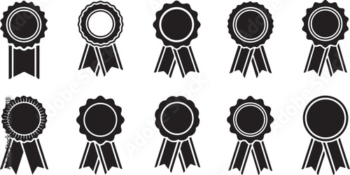 Ten black silhouette award ribbons and rosettes in different circular designs medal