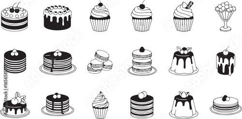 Assortment of Sweet Desserts Including Cakes Cupcakes Pancakes and Ice Cream Sundae