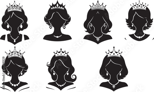 Silhouettes of elegant women wearing crowns and jewelry woman female