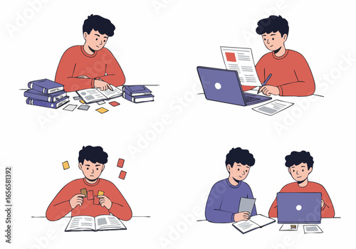 Diverse learning and study methods illustrated: individual focus, digital work, flashcards, and collaborative education.