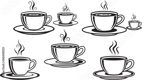 Various Cups of Hot Steaming Coffee or Tea on Saucers vector illustration