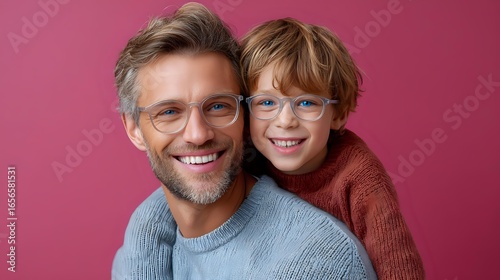 Joyful father and son wearing glasses share genuine smiles against pink background, both in cozy knit sweaters showing warm family connection and bonding moment.