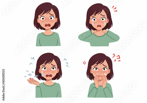 Set of illustrations depicting a woman experiencing various forms of discomfort, including hot flashes, blushing, sweating, anxiety, and general distress or pain symptoms.
