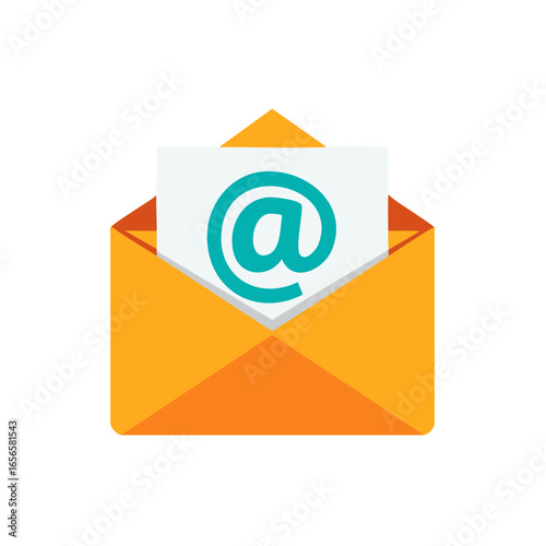 Open orange envelope with an Email symbol represents messaging in vibrant flat illustration.