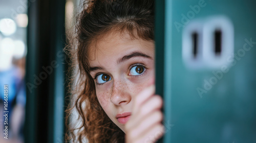 A young girl with curly hair peeking from behind a green door with a curious and slightly worried look