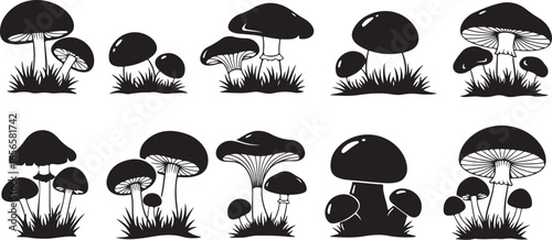 Ten Black Silhouette Mushroom Clusters with Grass on White Background fungus toadstool