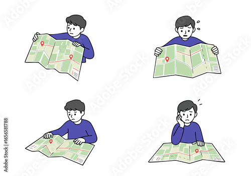 Illustrations of a man getting lost and frustrated with a paper map, depicting confusion, stress, and navigation challenges.