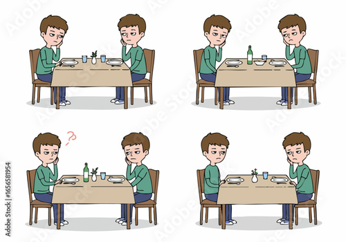 Cartoon depiction of two identical, bored men waiting at a table, expressing disappointment or lack of interaction in multiple frames.