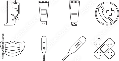 Medical icons including IV drip, tubes, mask, thermometer, and bandages health healthcare