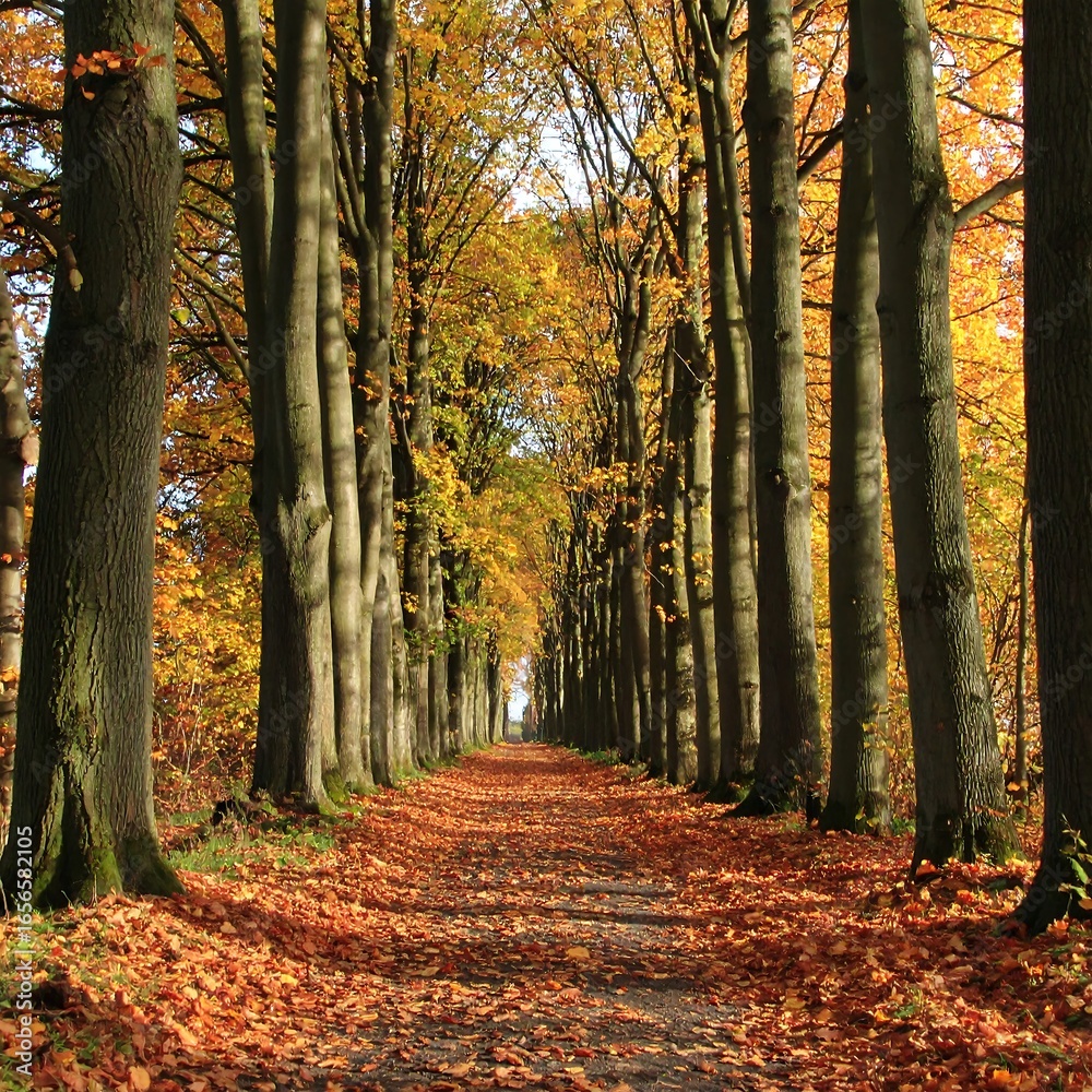 Obraz premium Sunlit path through autumnal trees; vibrant foliage