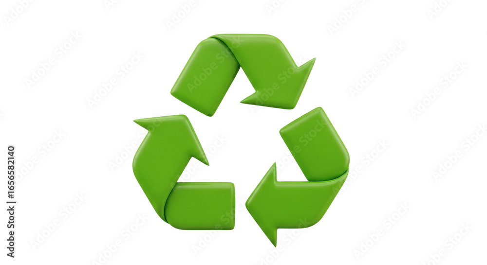 Obraz premium 3D rendering of a bright green recycling symbol, conveying sustainability, reuse, and eco-friendliness for a healthy planet.