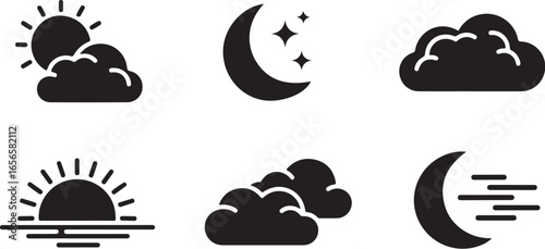 Collection of weather icons showing sun moon clouds and sunrise vector illustration