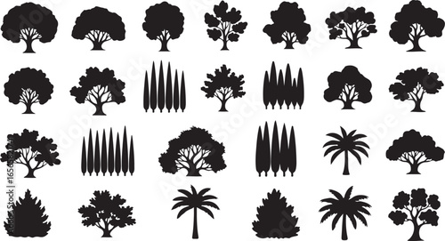 Diverse collection of tree silhouettes including deciduous cypress and palm trees