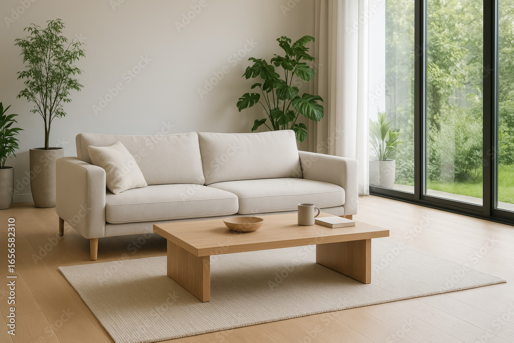 Fototapeta premium Modern living room with cozy sofa and natural light