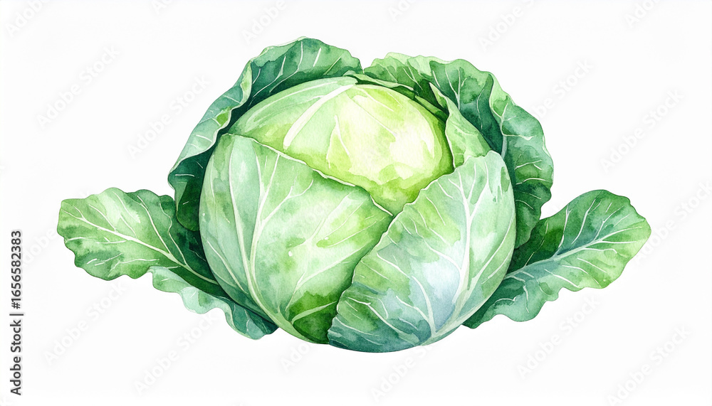 Fototapeta premium 水彩画のキャベツ – 自然な色合いで描かれたリアルイラスト Watercolor Illustration of Whole Cabbage in Natural Colors