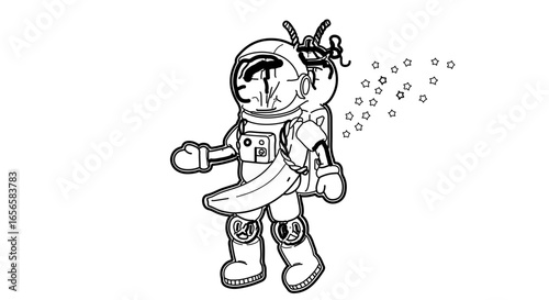 Astronaut banana space suit drawing cosmic vector art black and white illustration outline design clip art