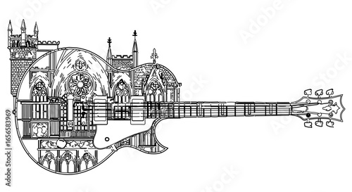Guitar art drawing of a gothic cathedral inside a guitar body music instrument detailed illustration design
