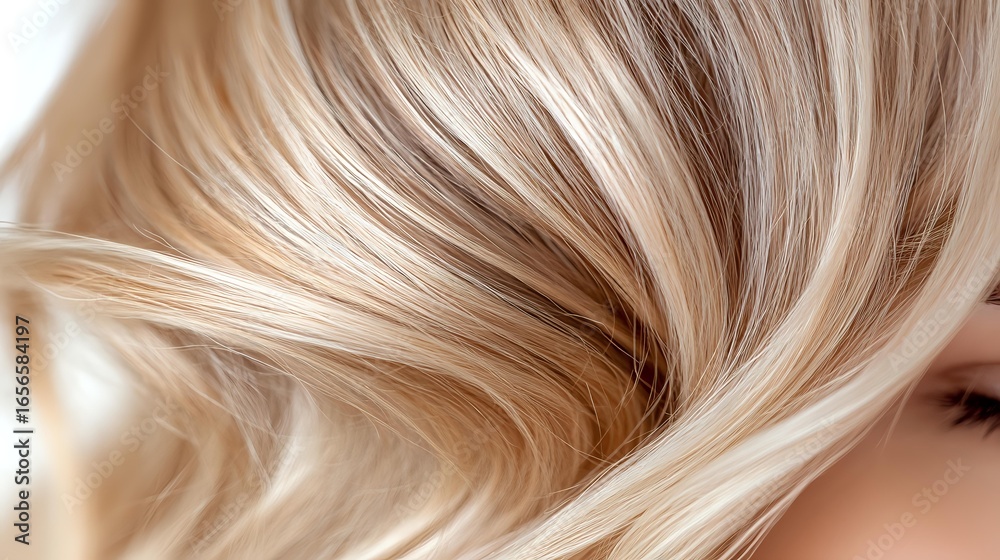 Naklejka premium Luxurious blonde wavy hair close-up showing smooth, silky texture and highlights. Professional hairstyling and beauty treatment result with natural shine and movement.