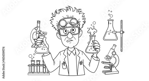 Coloring page of mad scientist with beakers and microscope in laboratory for kids and adults to print