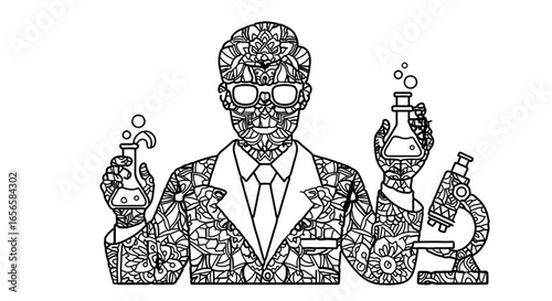 Scientist coloring page for adults intricate design science lab coat microscope chemistry experiment 100 char