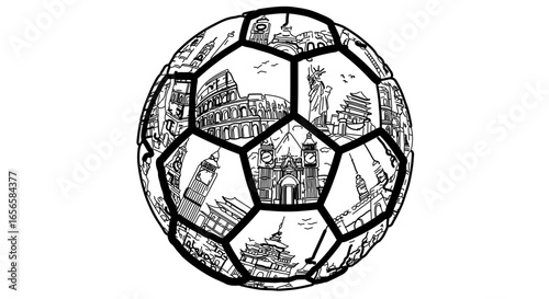 World landmarks soccer ball illustration travel destinations ball graphic design vector art for print and web use