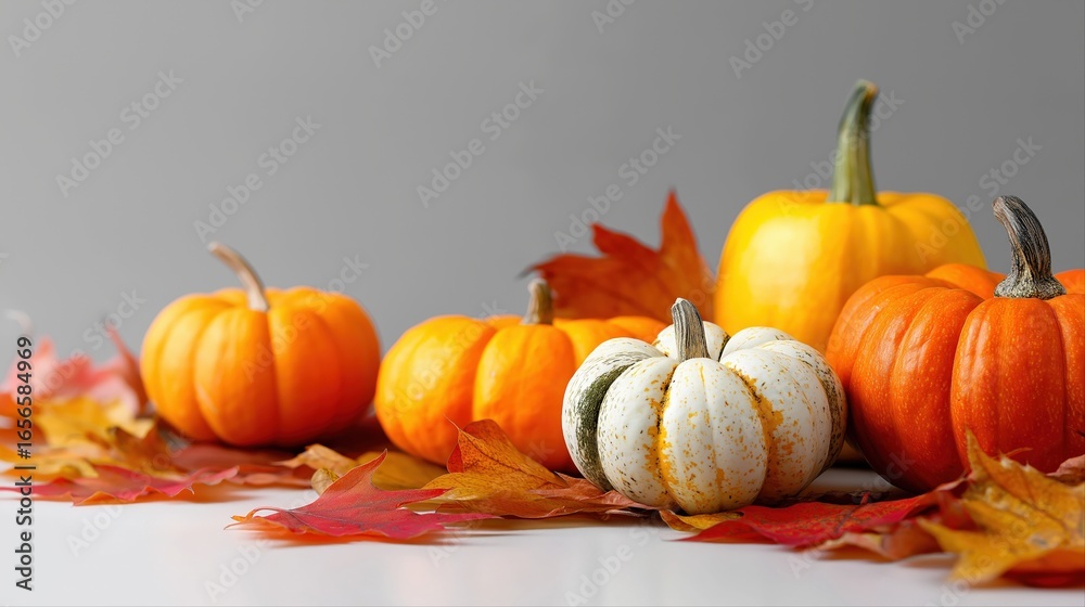 Autumn harvest display with colorful pumpkins and fall leaves